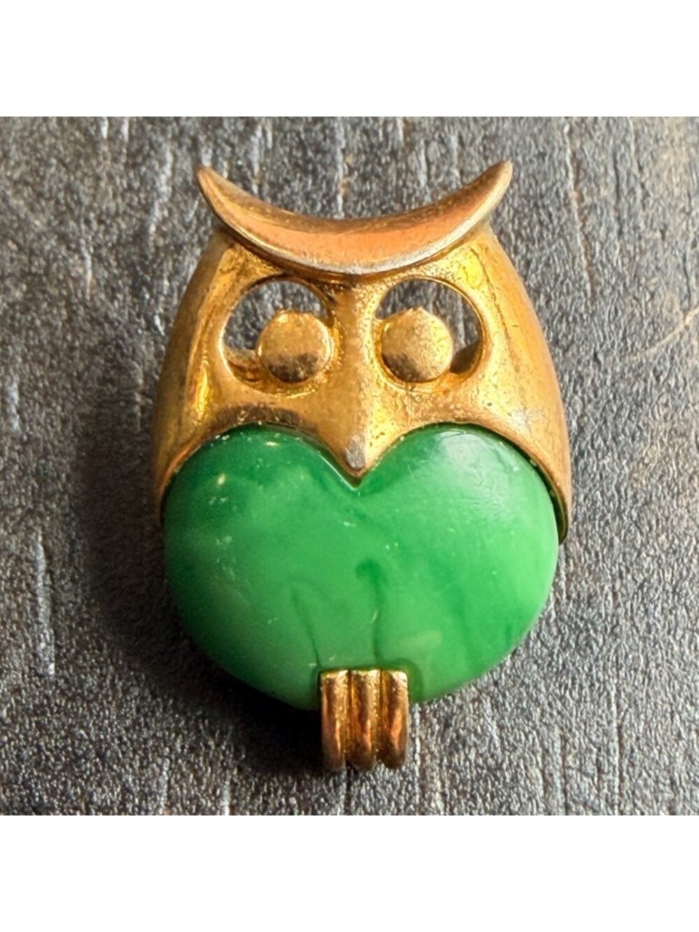 Vintage Trifari Owl Brooch Green Lucite Belly Gold Tone Mini Pin 1960s